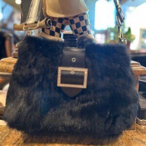 Diane Gail Excellent Condition Leather Rabbit Fur Bag with Shiny Crossbody Strap